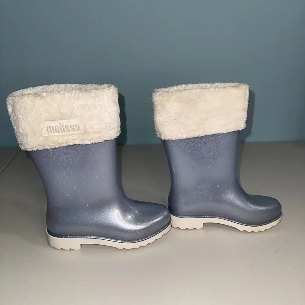Melissa Girls 1 Mel Rain Boot II Outdoor Playwear Glitter Cool Weather Faux Fur
